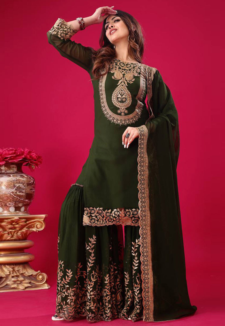 Mehndi Faux Georgette Readymade Gharara Suit