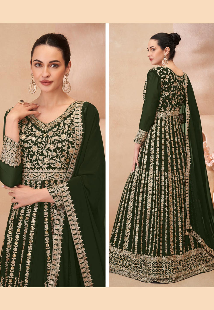 Mehndi Georgette Embroidered Center Slit Anarkali Suit