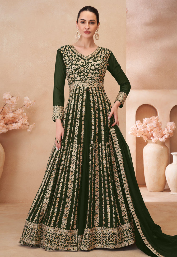 Mehndi Georgette Embroidered Center Slit Anarkali Suit
