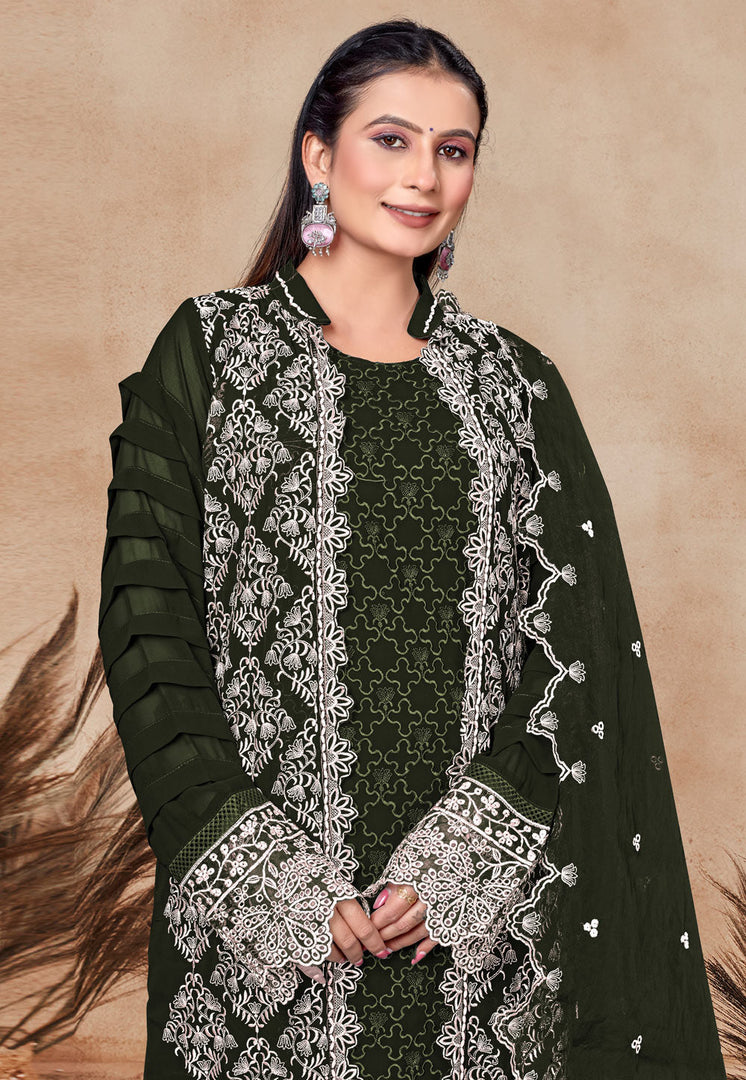 Mehndi Georgette Embroidered Pakistani Suit