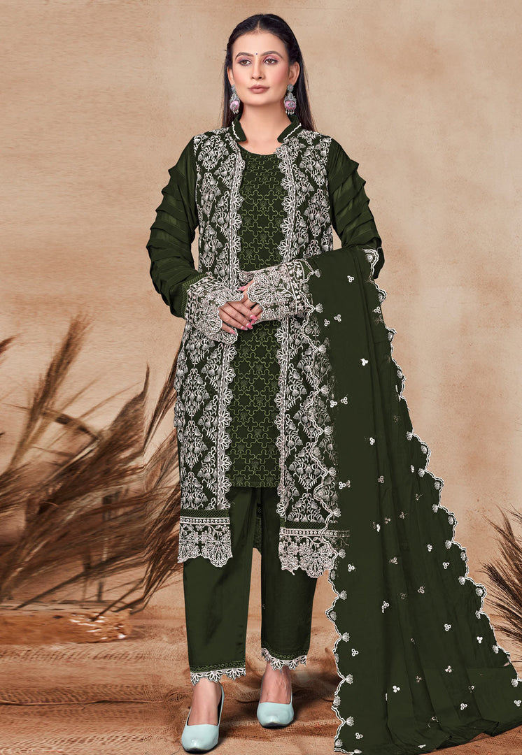 Mehndi Georgette Embroidered Pakistani Suit
