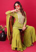 Load image into Gallery viewer, Mehndi Georgette Readymade Sharara Suit
