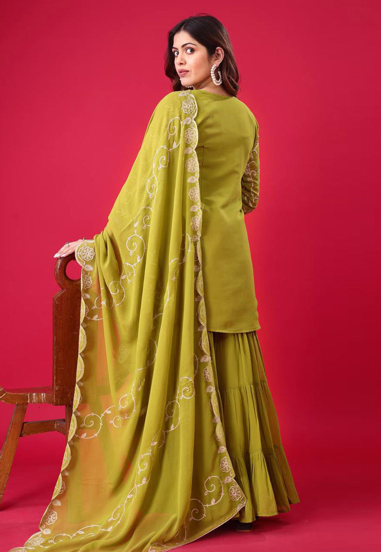 Mehndi Georgette Readymade Sharara Suit