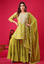 Load image into Gallery viewer, Mehndi Georgette Readymade Sharara Suit
