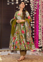 Load image into Gallery viewer, Mehndi Muslin Readymade Anarkali Suit
