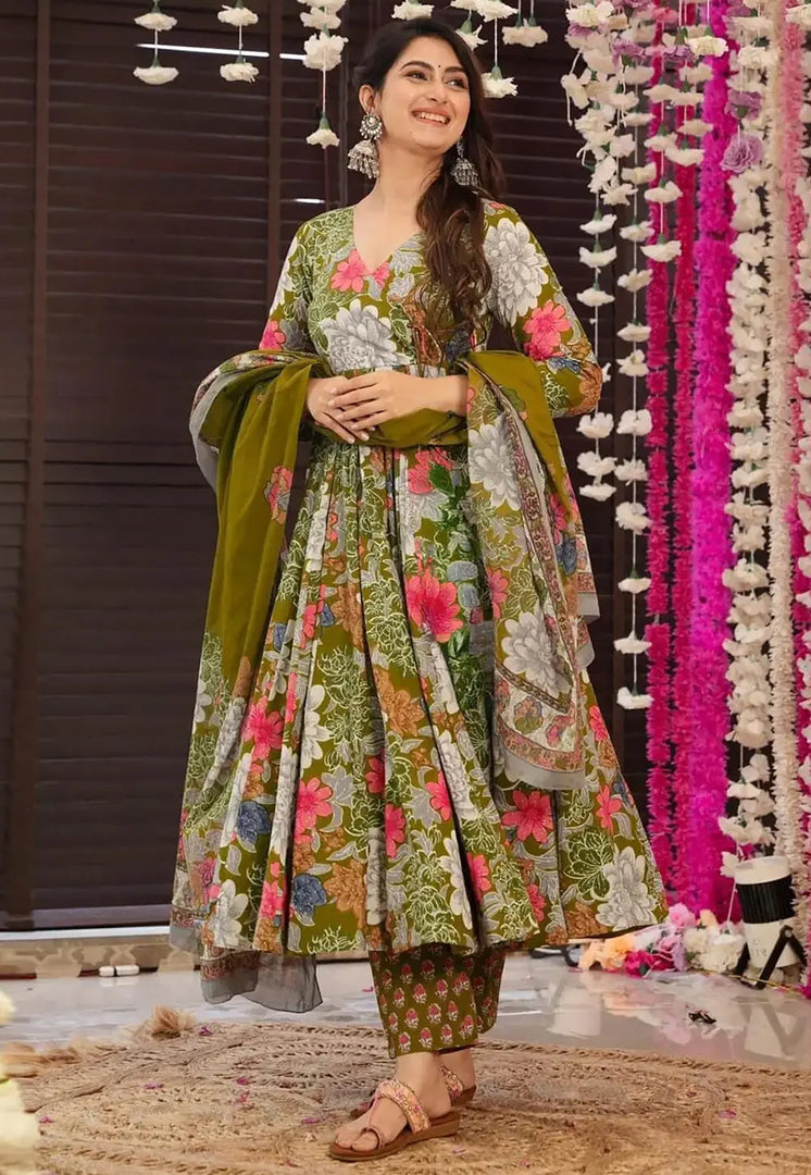 Mehndi Muslin Readymade Anarkali Suit