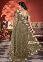 Load image into Gallery viewer, Mehndi Net Saree With Blouse
