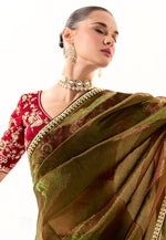Load image into Gallery viewer, Mehndi Organza Saree With Blouse
