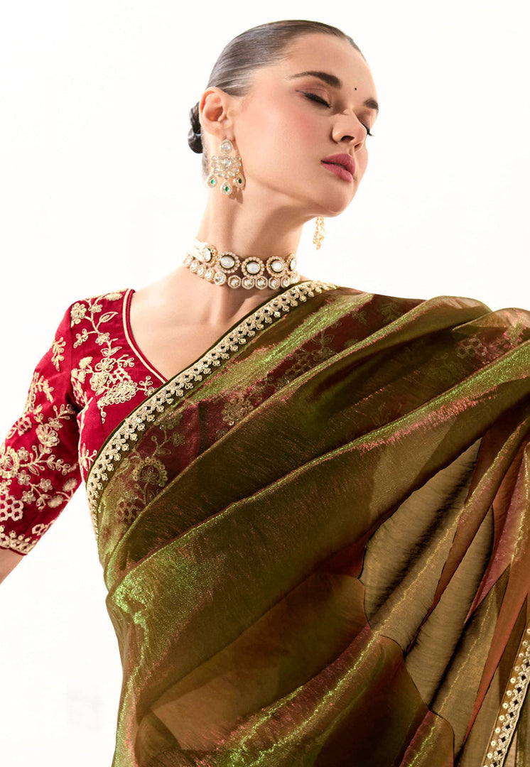 Mehndi Organza Saree With Blouse