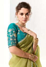 Mehndi Organza Saree With Blouse