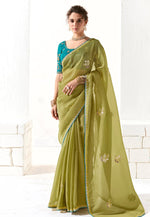 Load image into Gallery viewer, Mehndi Organza Saree With Blouse
