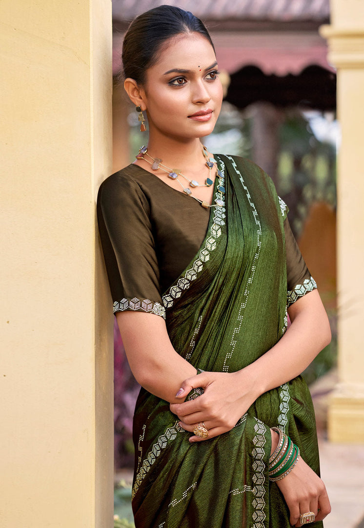Mehndi Shimmer Chiffon Saree With Blouse