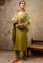 Load image into Gallery viewer, Mehndi Shimmer Readymade Pant Style Suit
