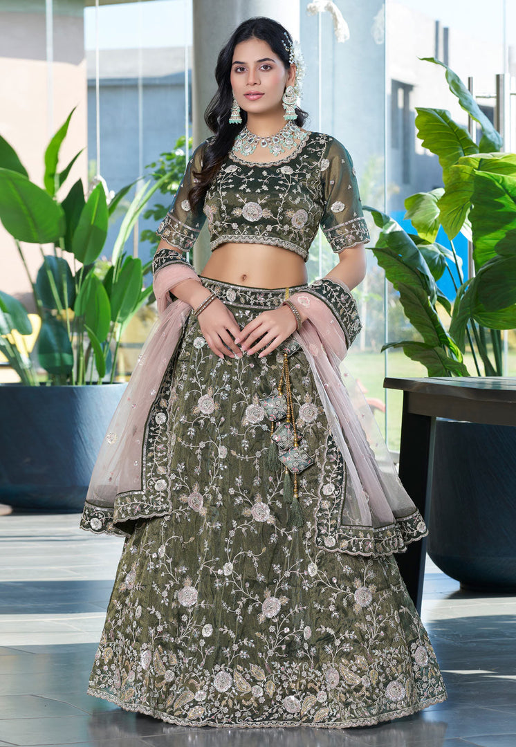 Mehndi Silk A Line Lehenga Choli
