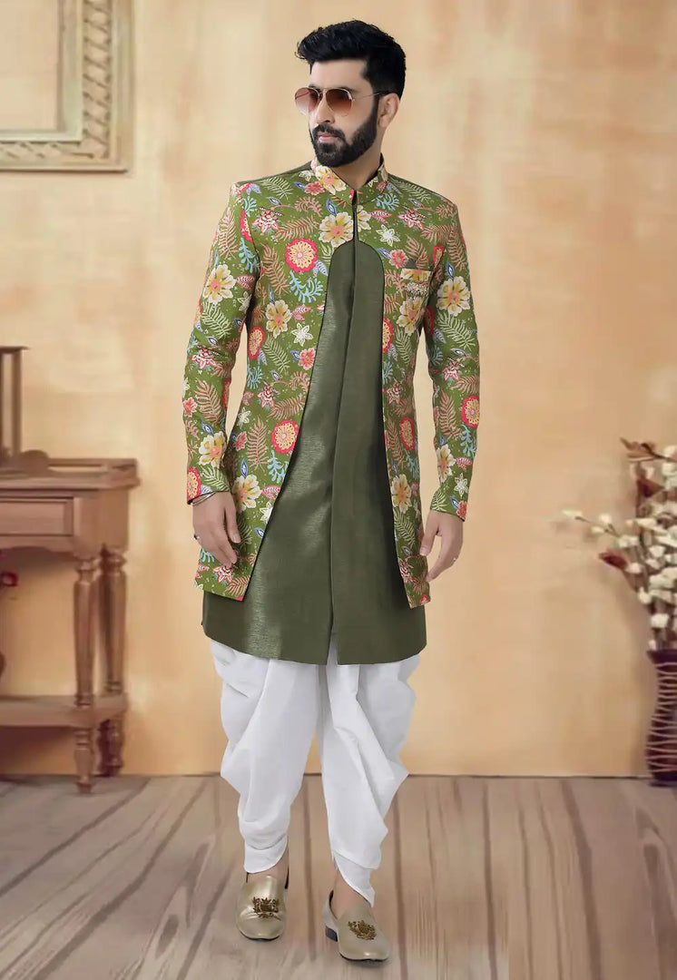 Mehndi Silk Dhoti Sherwani