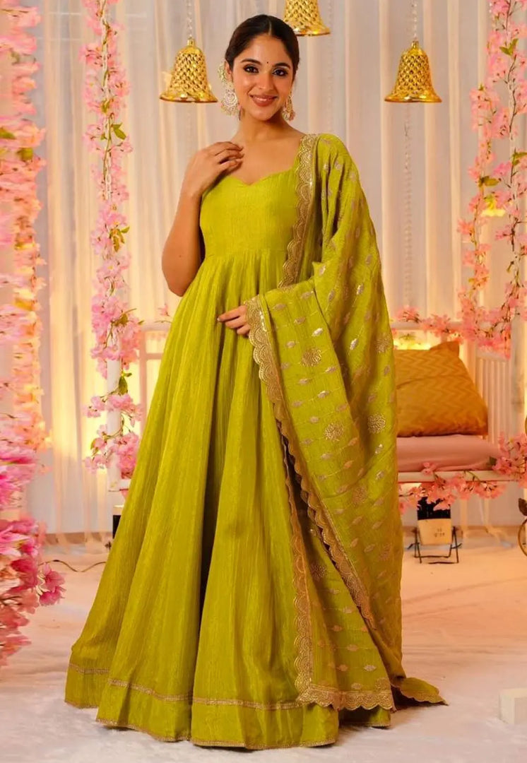 Mehndi Silk Readymade Long Anarkali Suit