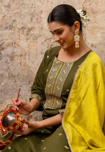 Load image into Gallery viewer, Mehndi Silk Readymade Pakistani Suit
