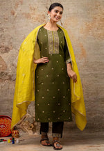 Load image into Gallery viewer, Mehndi Silk Readymade Pakistani Suit
