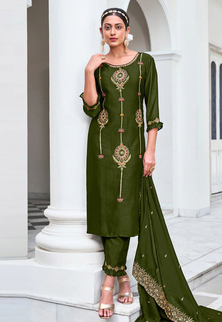 Mehndi Silk Readymade Pant Style Suit