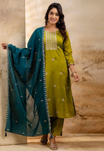 Load image into Gallery viewer, Mehndi Silk Readymade Pant Style Suit
