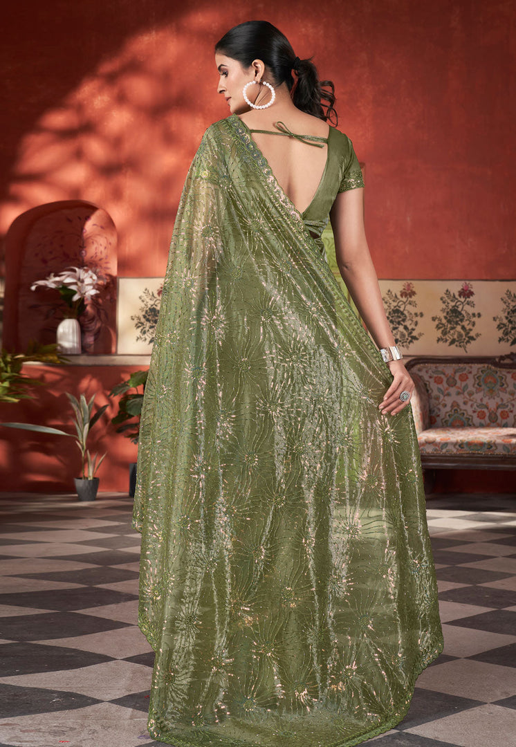 Mehndi Tissue Saree With Blouse