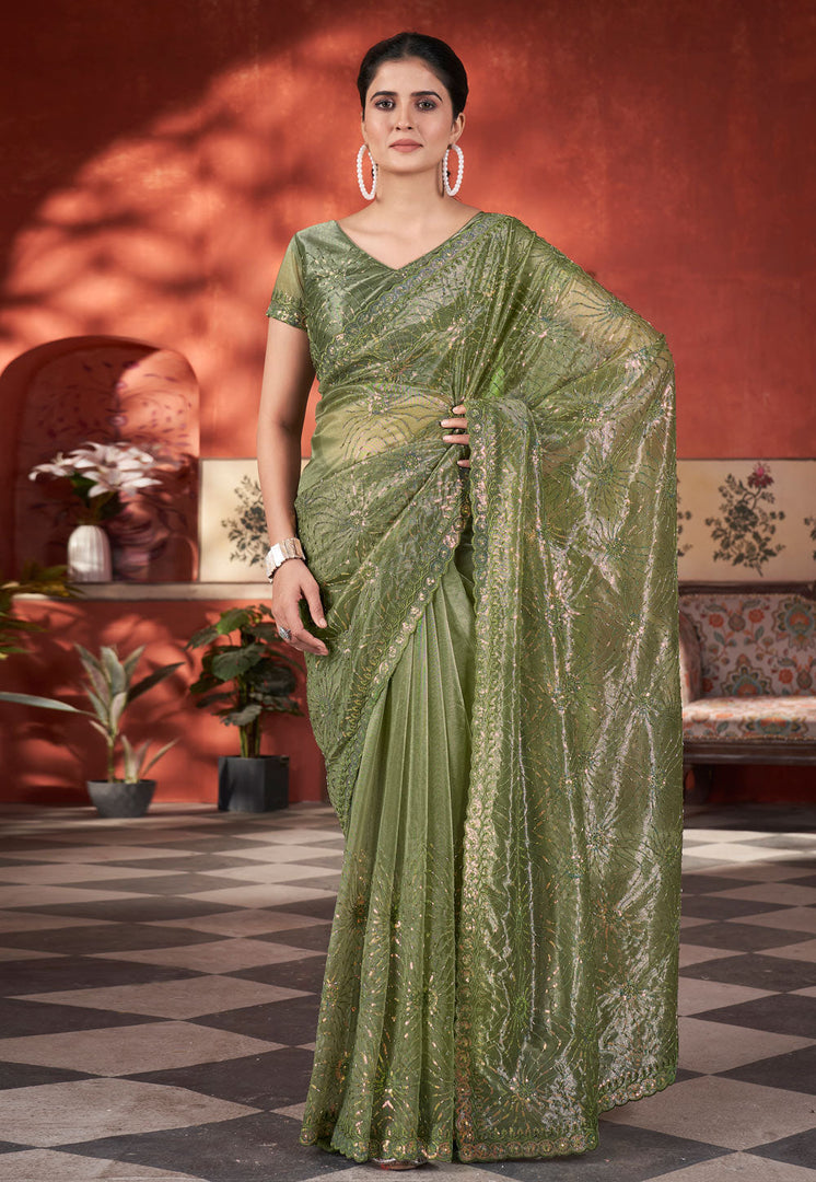 Mehndi Tissue Saree With Blouse