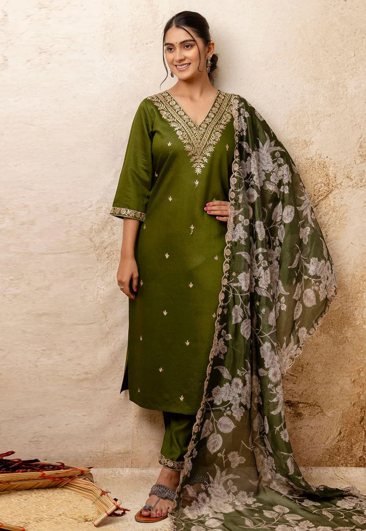 Mehndi Viscose Rayon Readymade Pakistani Suit