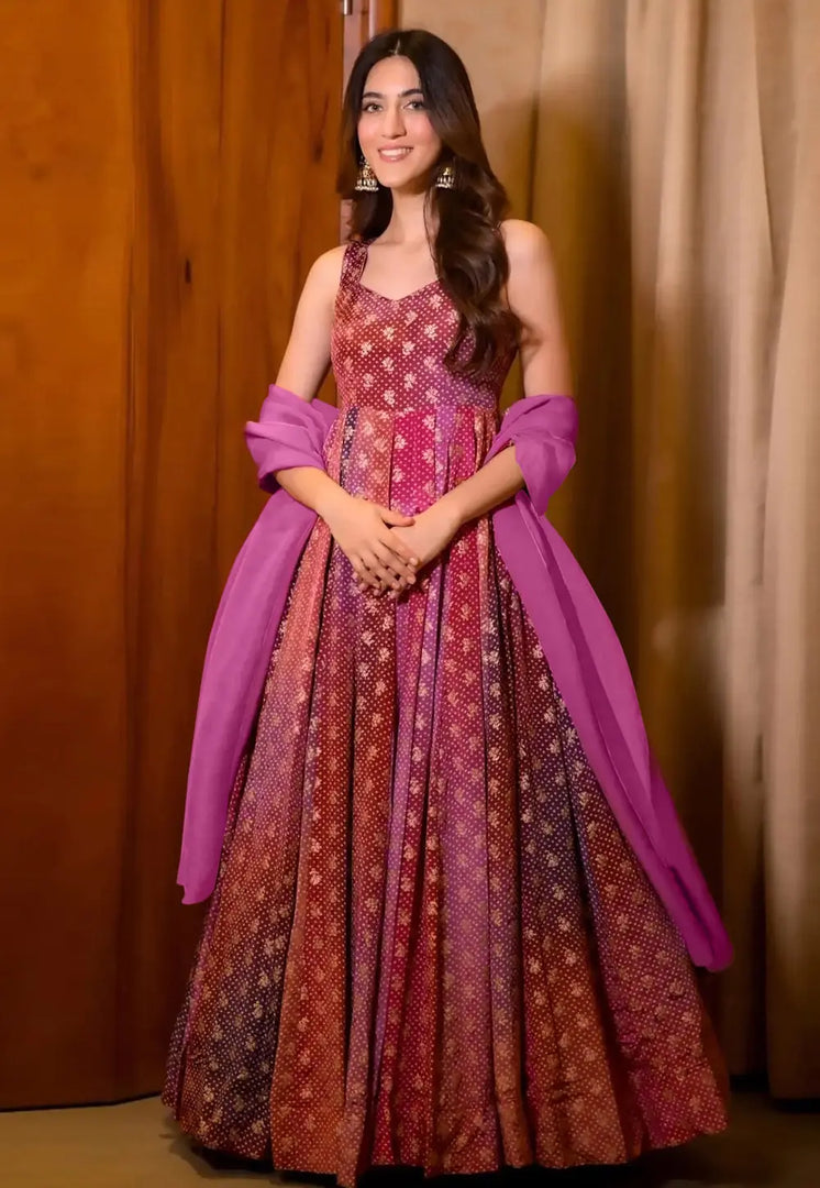 Multicolor Chinon Readymade Anarkali Suit