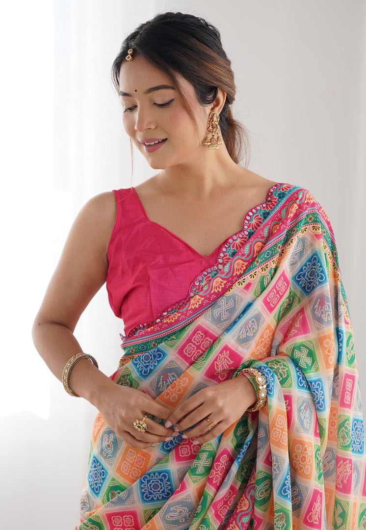 Multicolor Chinon Saree With Blouse
