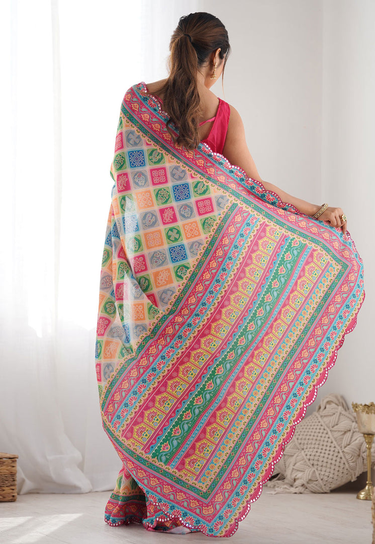 Multicolor Chinon Saree With Blouse