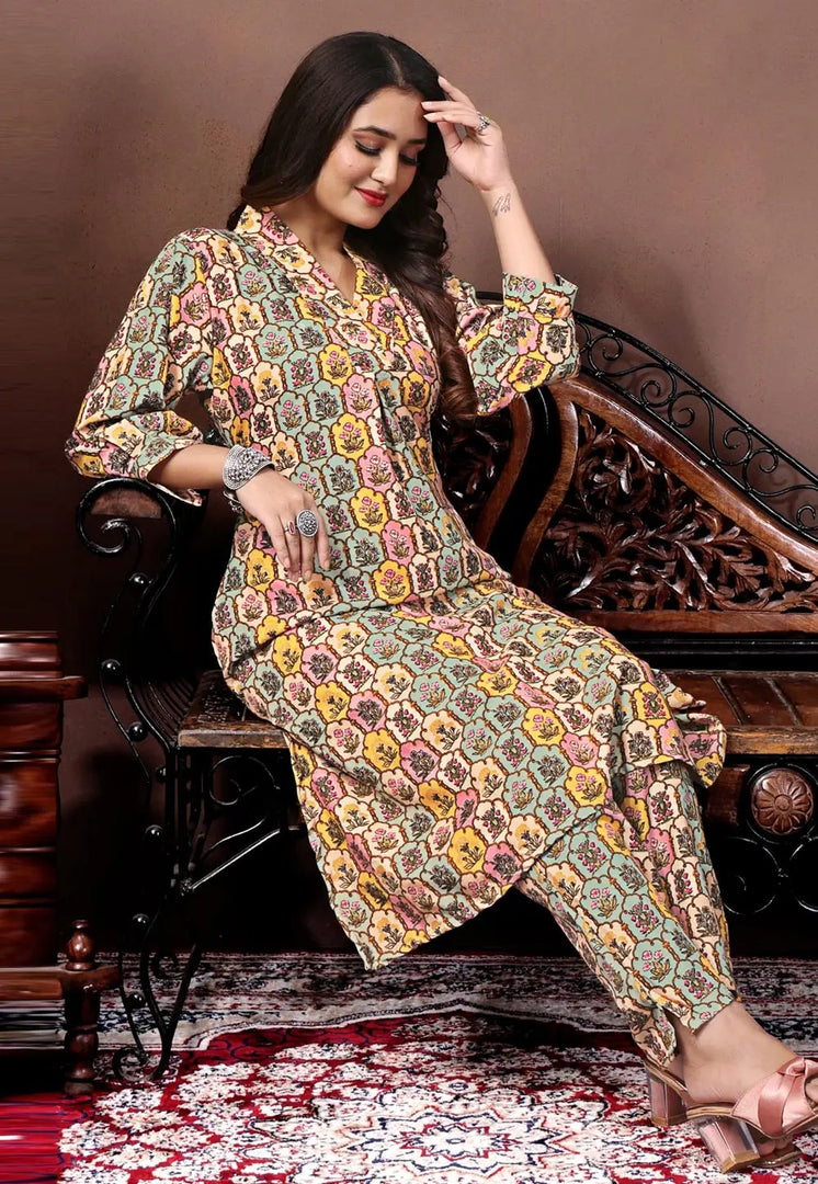 Multicolor Rayon Kurta Set With Pent