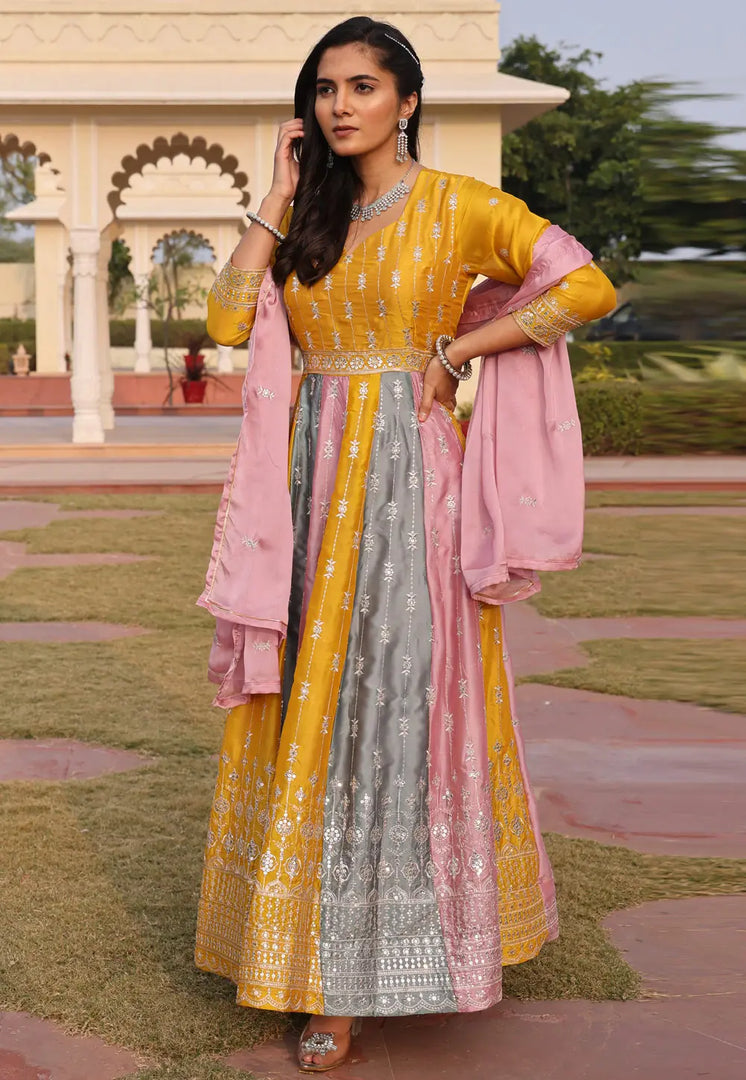 Multicolor Silk Long Anarkali Suit