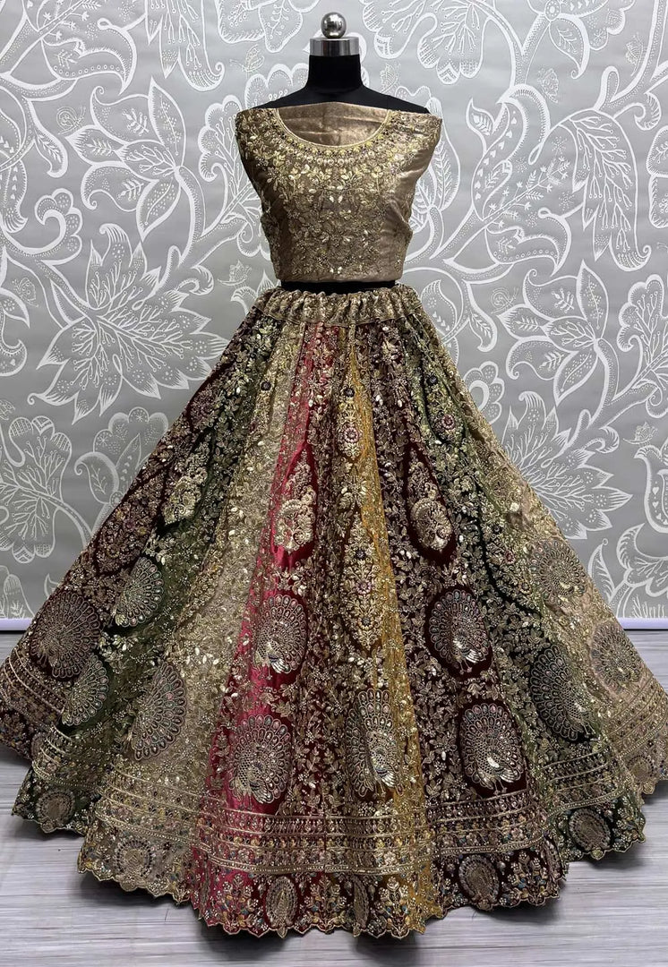 Multicolor Velvet Bridal Lehenga Choli