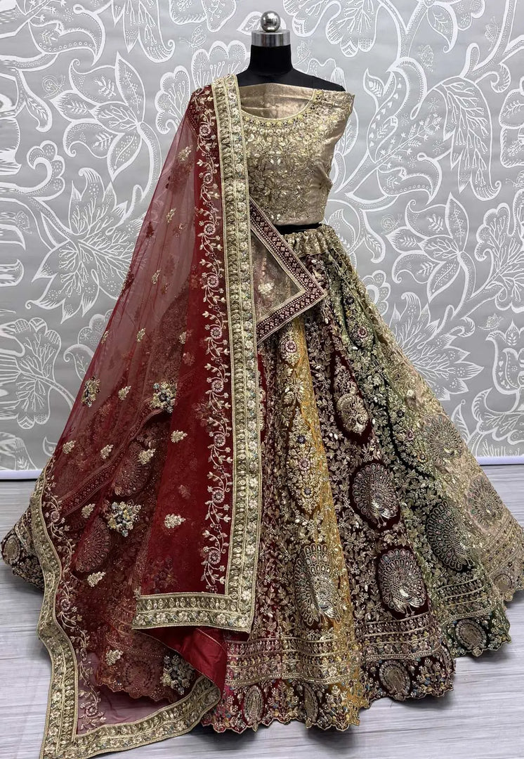 Multicolor Velvet Bridal Lehenga Choli
