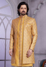 Load image into Gallery viewer, Mustard Art Silk Jacket Style Sherwani

