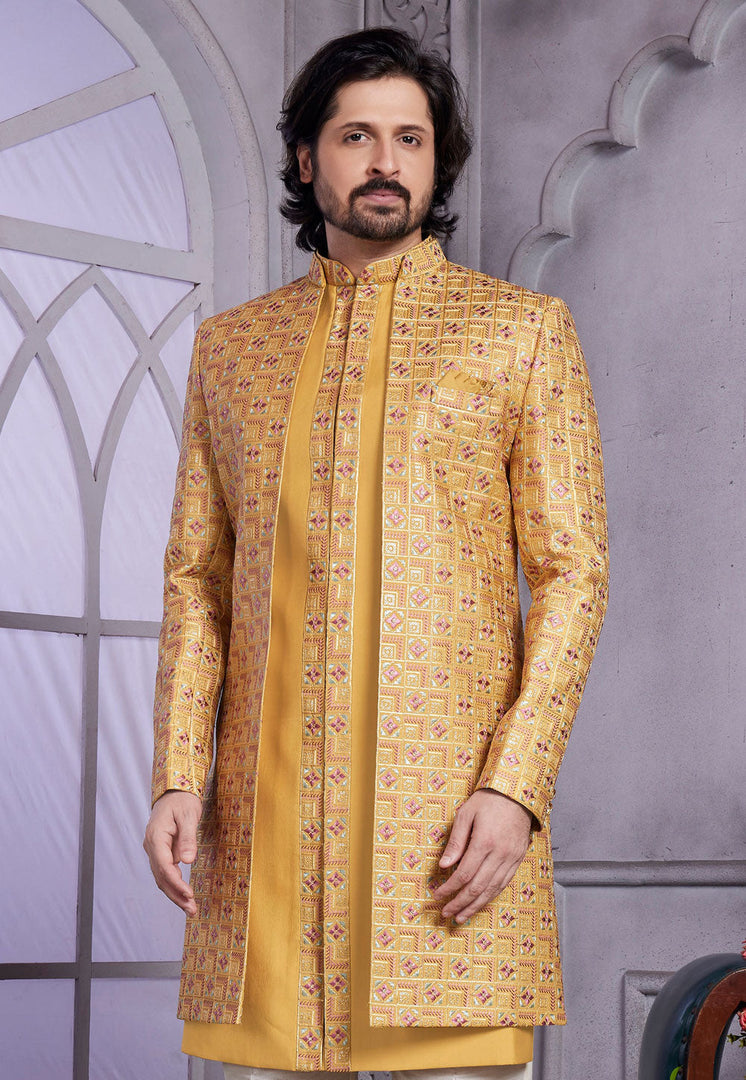 Mustard Art Silk Jacket Style Sherwani