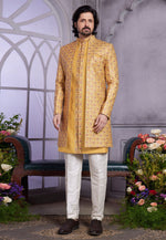 Load image into Gallery viewer, Mustard Art Silk Jacket Style Sherwani
