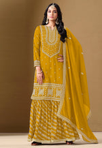 Load image into Gallery viewer, Mustard Art Silk Sharara Suit
