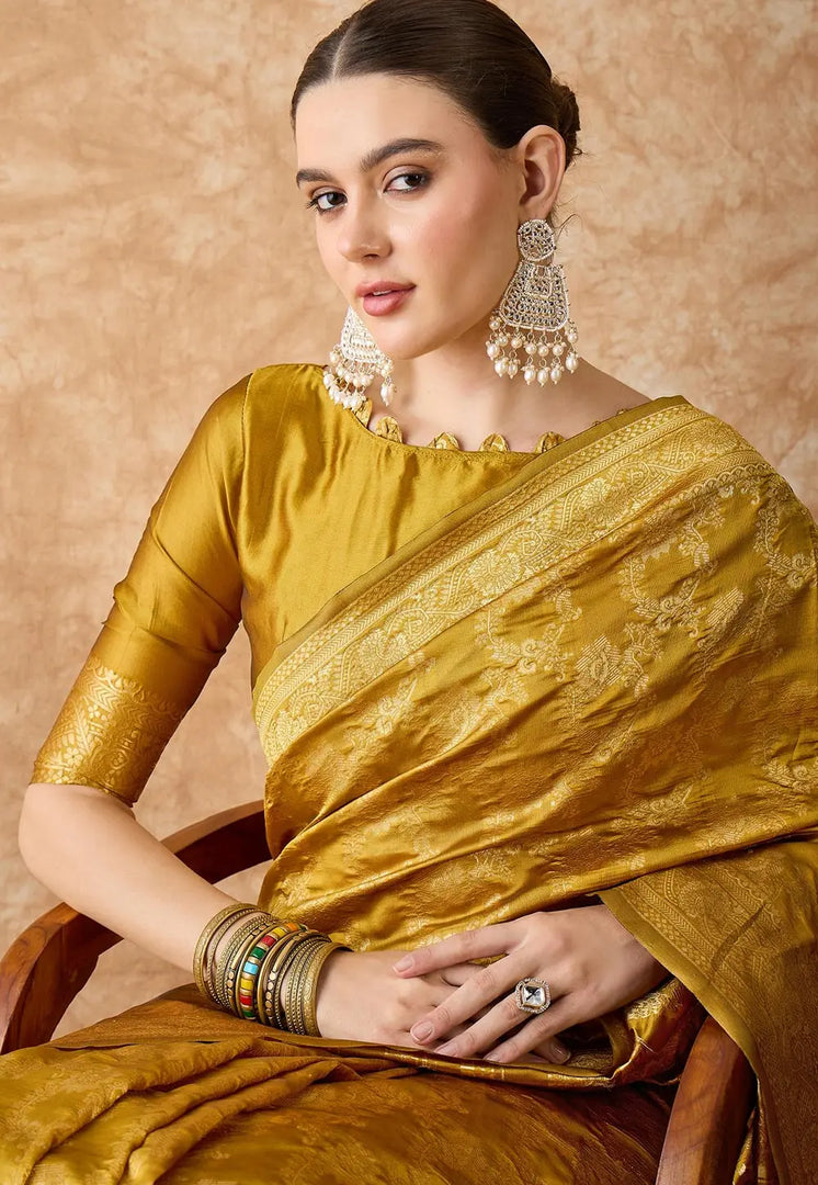 Mustard Banarasi Silk Saree With Blouse