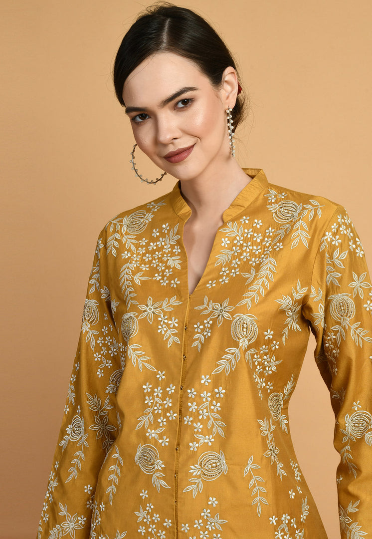 Mustard Chanderi Kurta Set With Palazzo