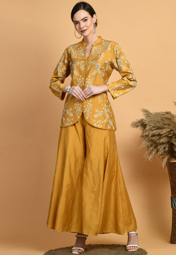 Mustard Chanderi Kurta Set With Palazzo