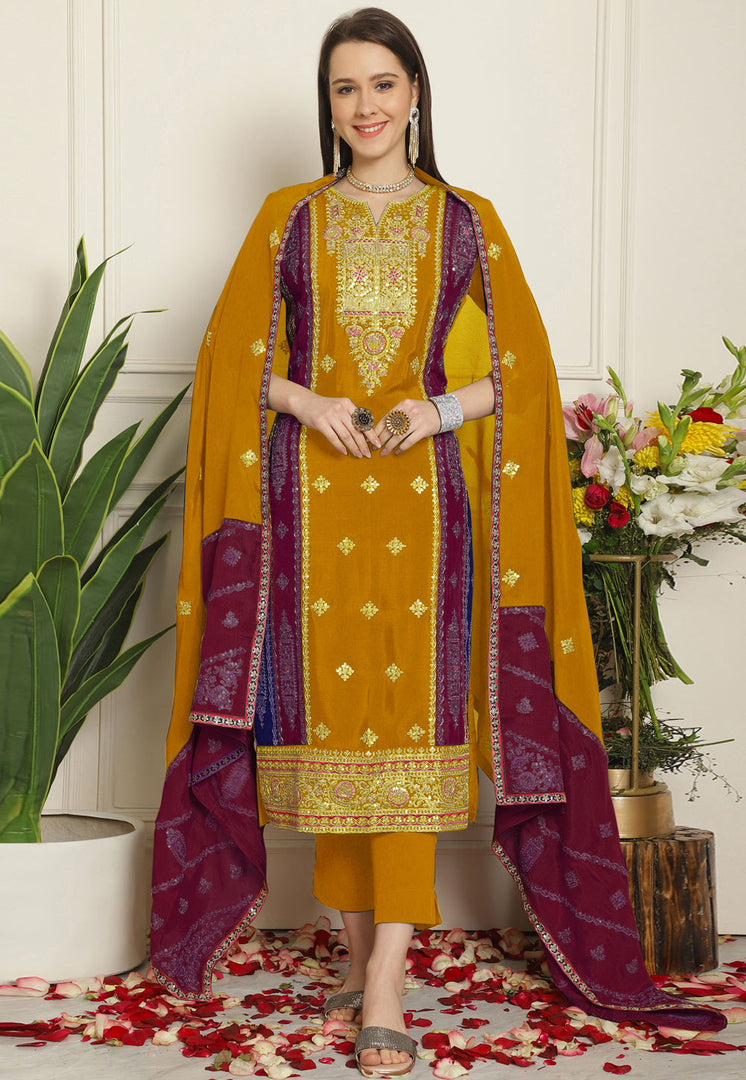 Mustard Chinon Chiffon Pant Style Suit