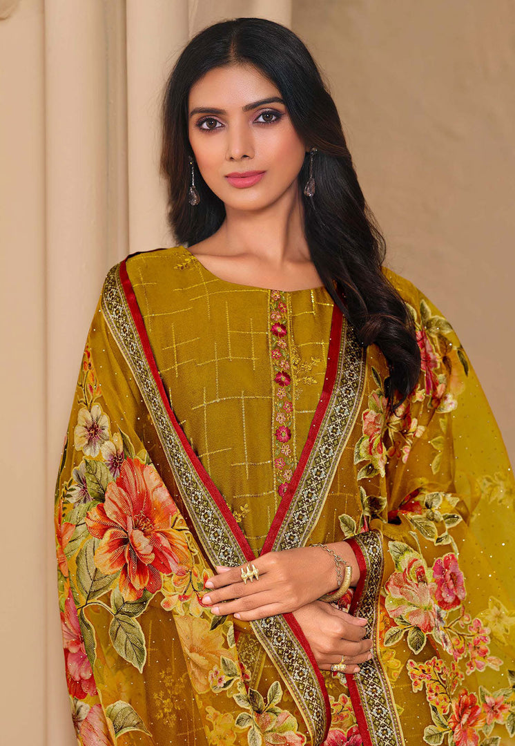 Mustard Chinon Chiffon Straight Suit