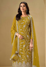 Load image into Gallery viewer, Mustard Chinon Embroidered Pant Style Suit
