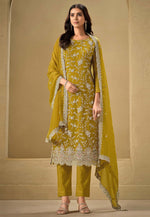 Load image into Gallery viewer, Mustard Chinon Embroidered Pant Style Suit
