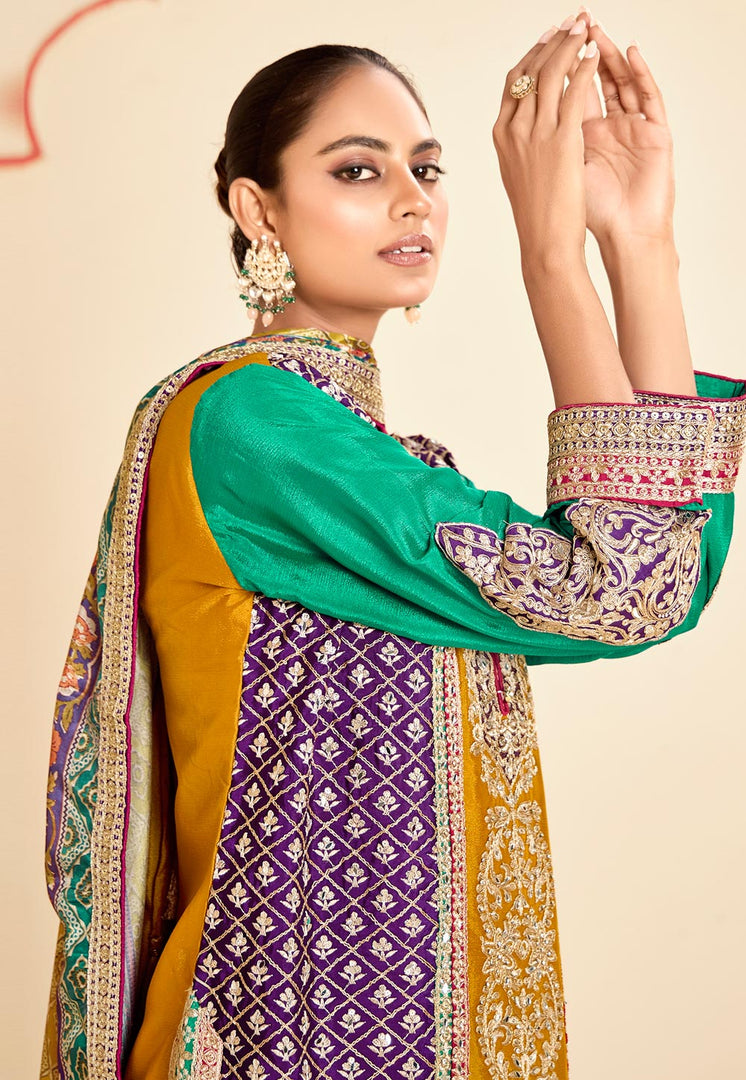 Mustard Chinon Embroidered Sharara Suit