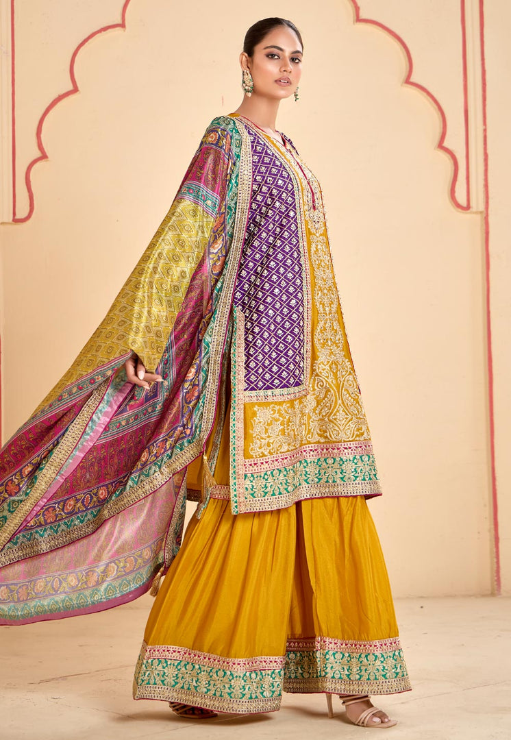 Mustard Chinon Embroidered Sharara Suit