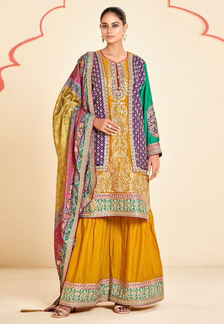 Mustard Chinon Embroidered Sharara Suit