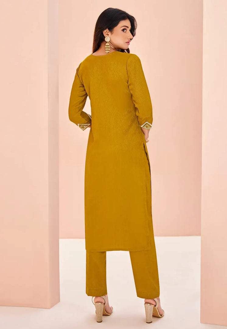 Mustard Chinon Kurta Set With Pent