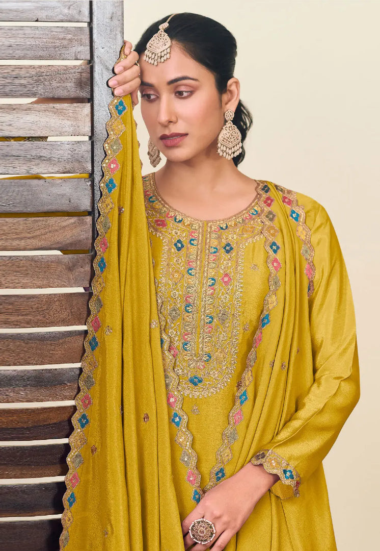 Mustard Chinon Long Choli Lehenga